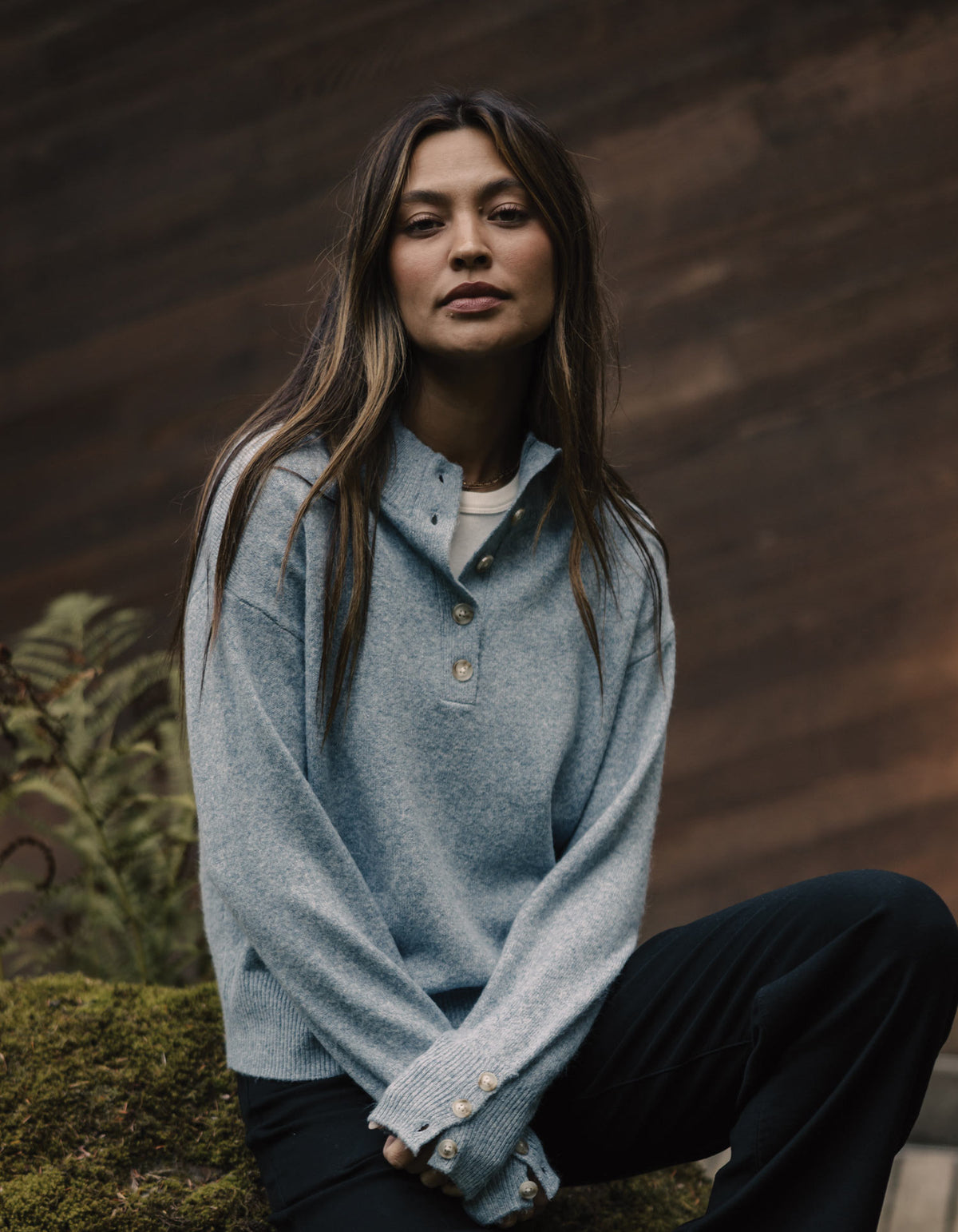 Marianna Button Popover Sweater in Vintage Blue