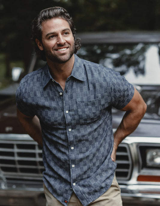 Freshwater Short Sleeve Button Up Shirt in Summer Navy Check