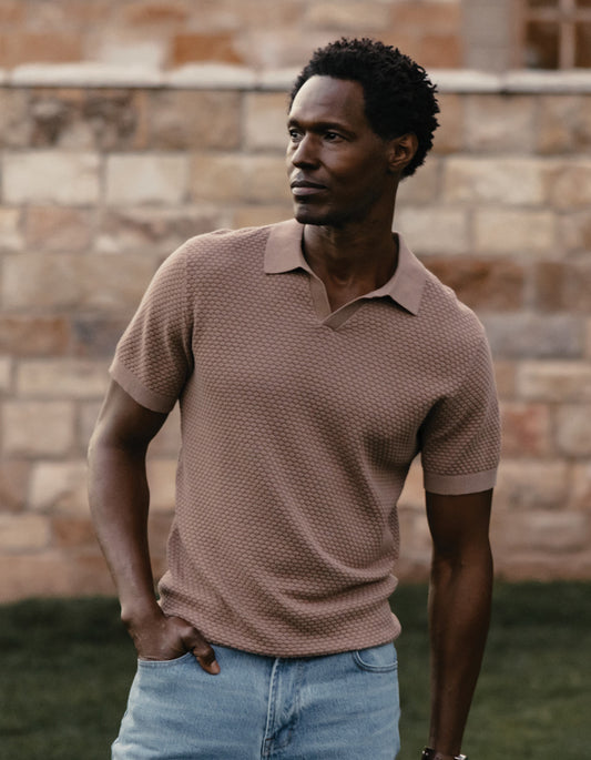 Robles Knit Jacquard Polo in Taupe