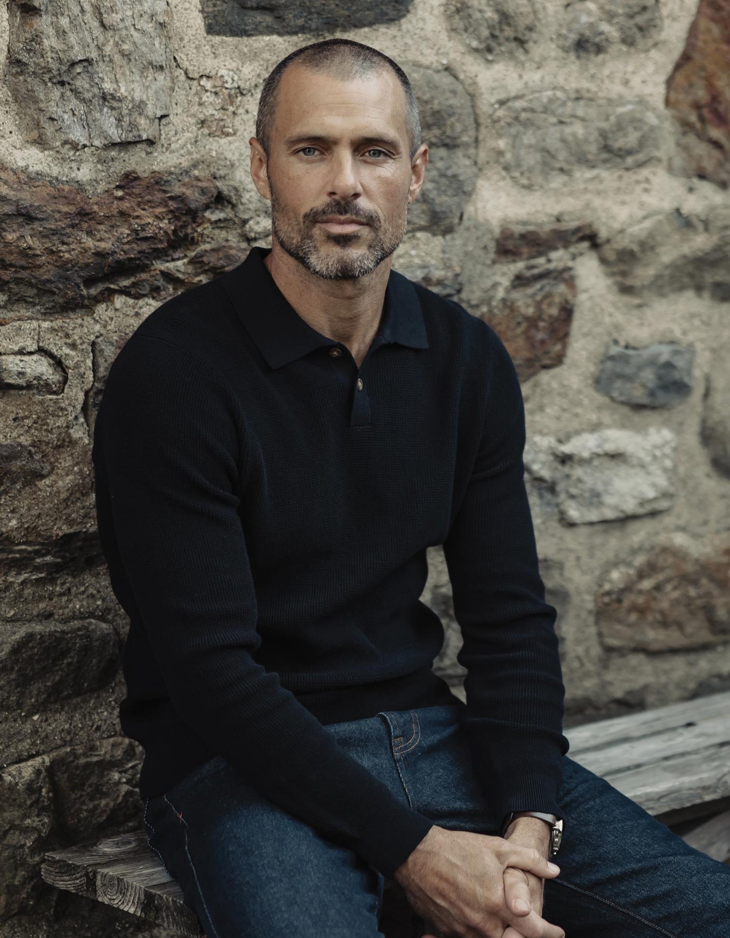 Robles Knit Waffle Stitch Polo in Black