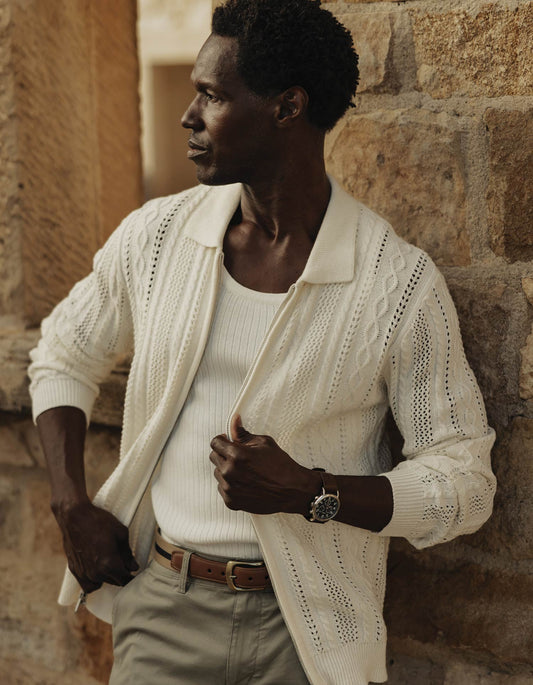 Jacquard Zip Front Cardigan in Ivory