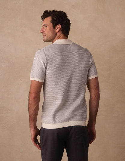 Robles Birdseye Knit Polo in Cream/Grey