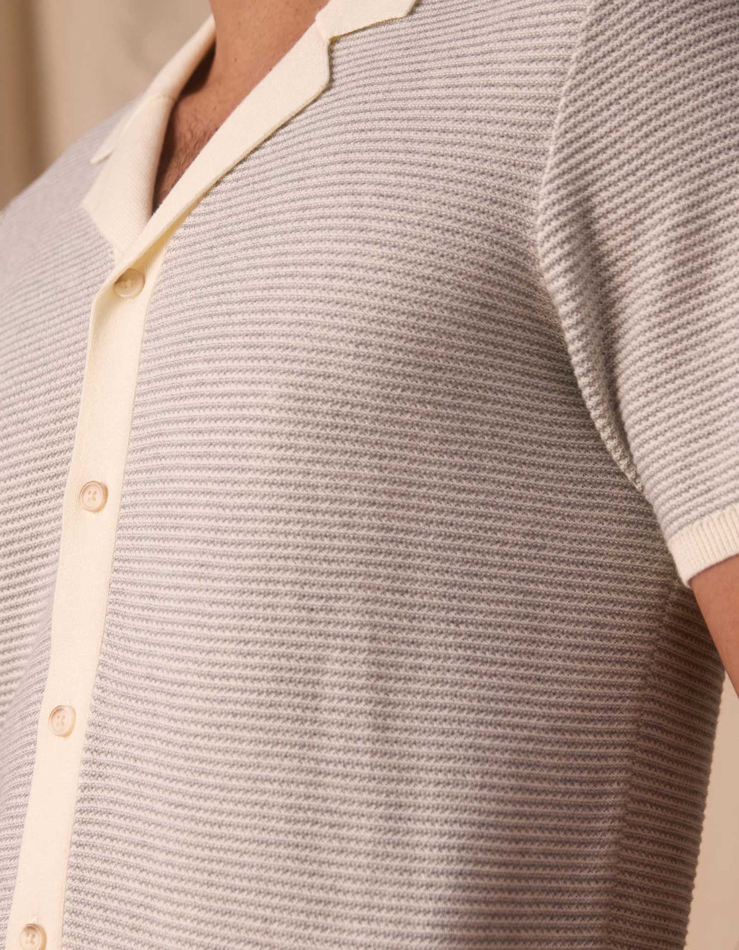 Robles Birdseye Knit Camp Button Up in Cream/Grey