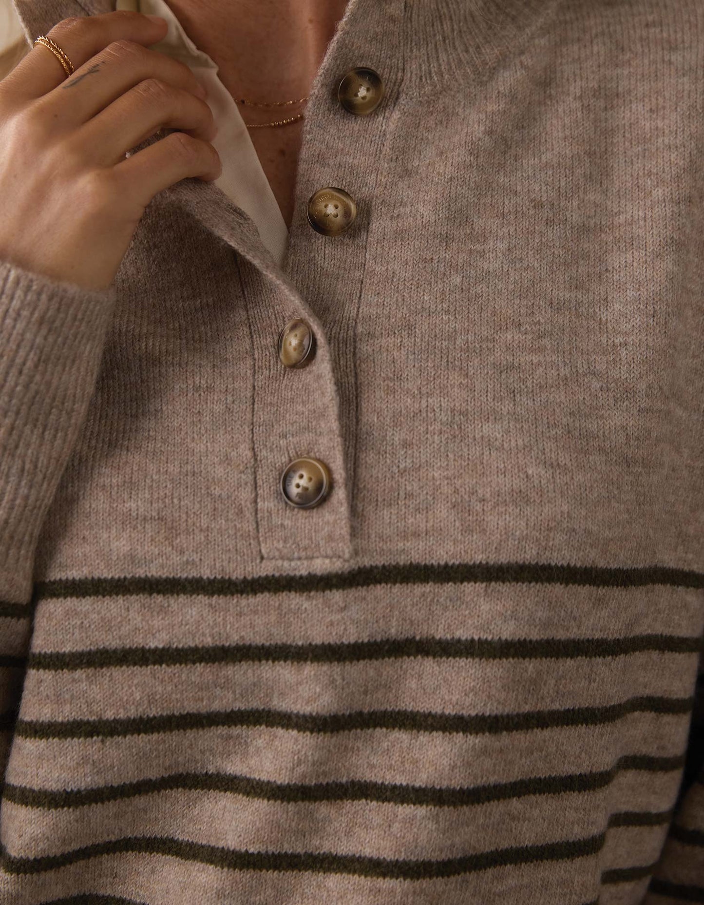 Marianna Button Popover Sweater in Oat/Olive Stripe