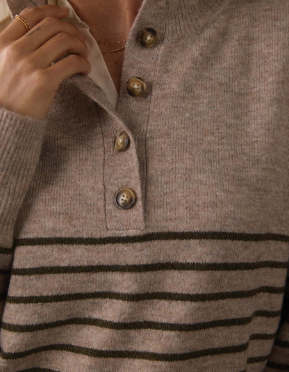 Marianna Button Popover Sweater in Oat/Olive Stripe