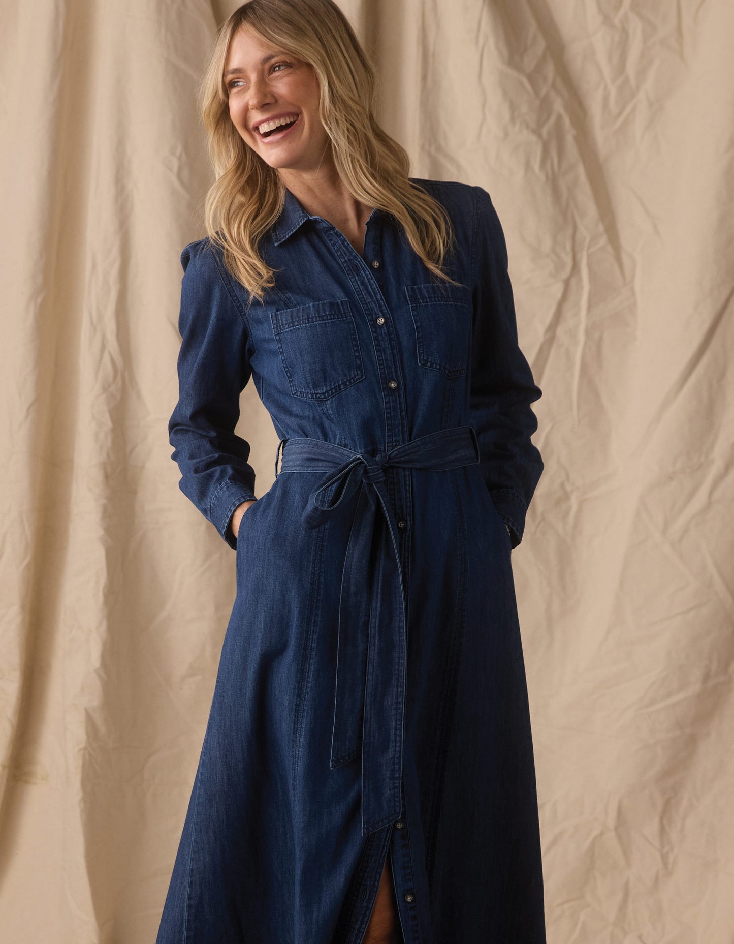 Cotton Denim Shirt Dress in Dark Wash