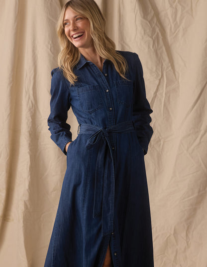 Cotton Denim Shirt Dress in Dark Wash