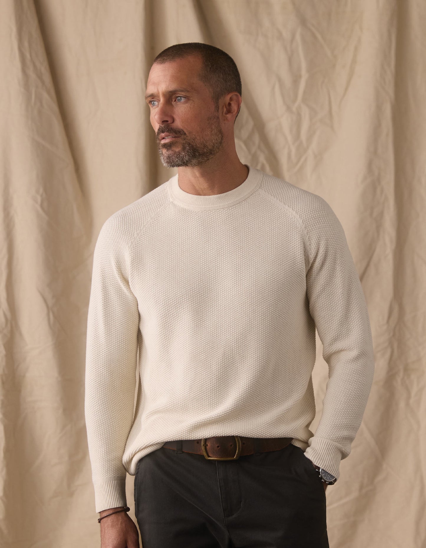 COOLMAX® Textured Crewneck Sweater in Ivory