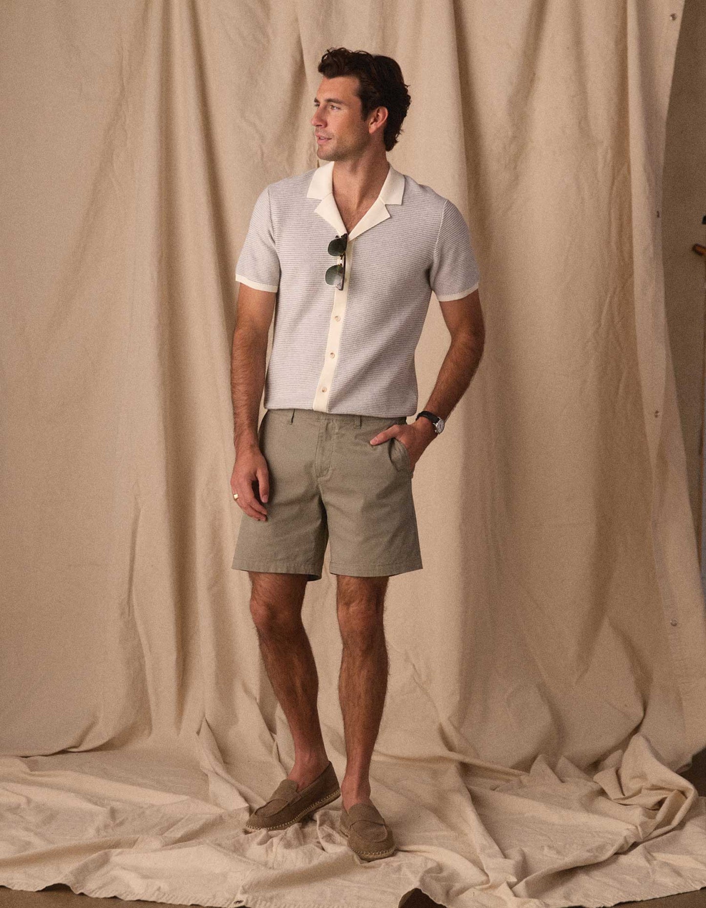 Robles Birdseye Knit Camp Button Up in Cream/Grey