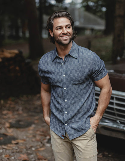 Freshwater Short Sleeve Button Up Shirt in Summer Navy Check