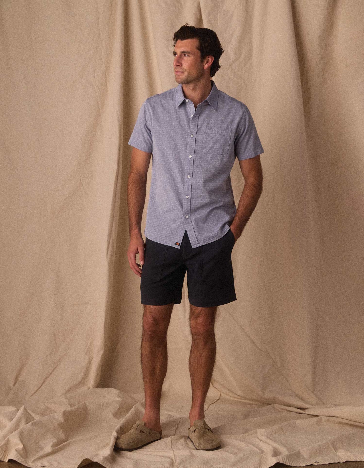 Freshwater Short Sleeve Button Up Shirt in Blue Dobby