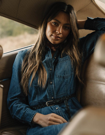 Cotton Denim Shirt Dress in Dark Wash