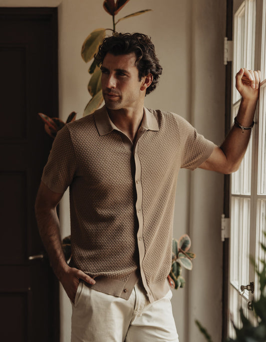 Robles Knit Jacquard Button Up in Taupe