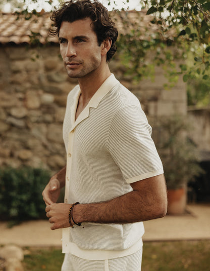 Robles Birdseye Knit Camp Button Up in Cream/Grey
