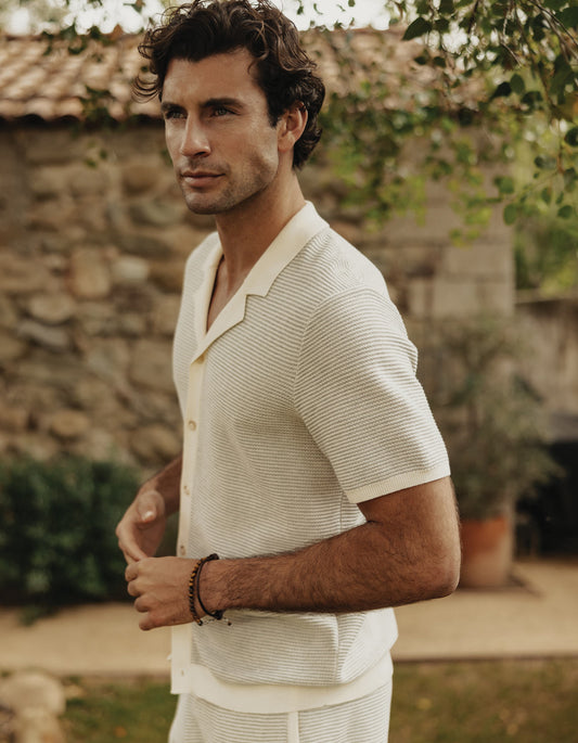 Robles Birdseye Knit Camp Button Up in Cream/Grey