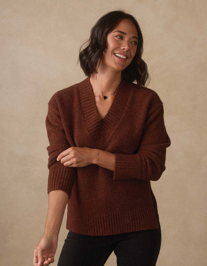 Homebound V-Neck Sweater in Spiced Brandy — three-quarter view on model