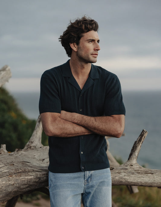 Robles Textured Knit Camp Button Up in Dark Oasis