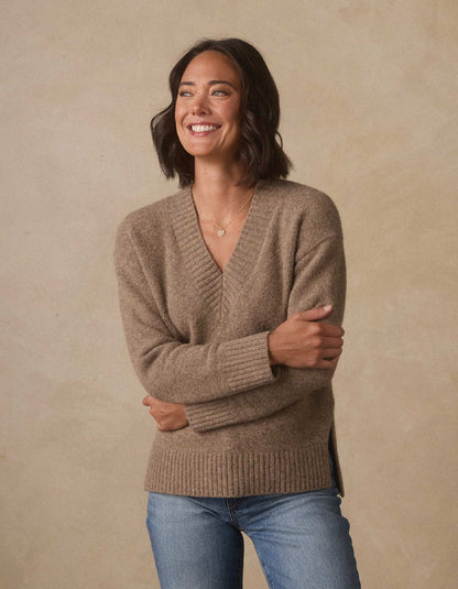 Homebound V-Neck Sweater in Toasted Chestnut — three-quarter view on model