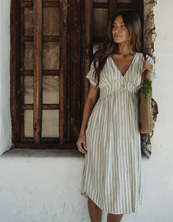 Freshwater Deep V Button Thru Dress in Vintage Blue Stripe – The