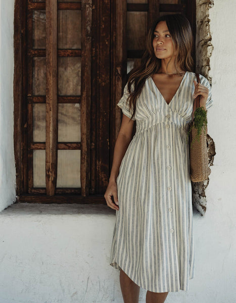 ferry brown basic dress product info and reviews Freshwater Deep V Button Thru in Vintage Blue Stripe Size:14 US Women (11 UK/AU)
