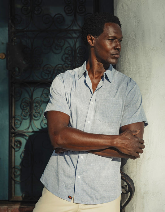 Freshwater Short Sleeve Button Up Shirt in Blue Dobby