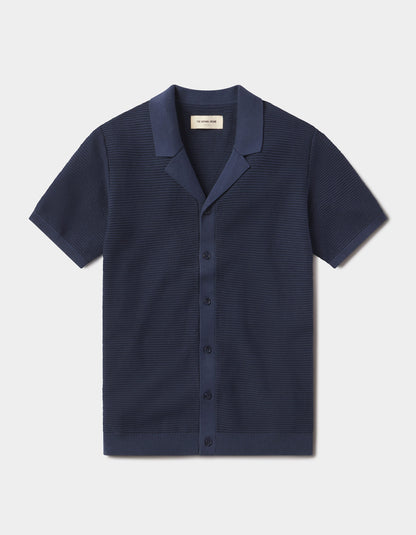 Robles Birdseye Knit Camp Button Up in Denim/Dark Navy