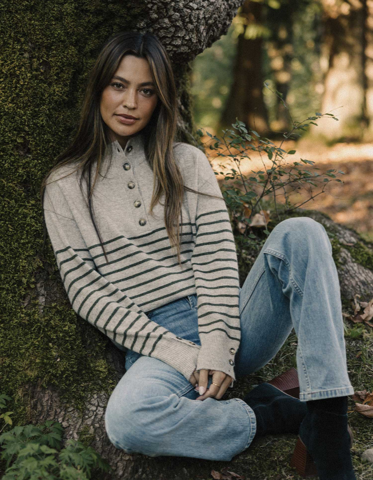 Marianna Button Popover Sweater in Oat/Olive Stripe