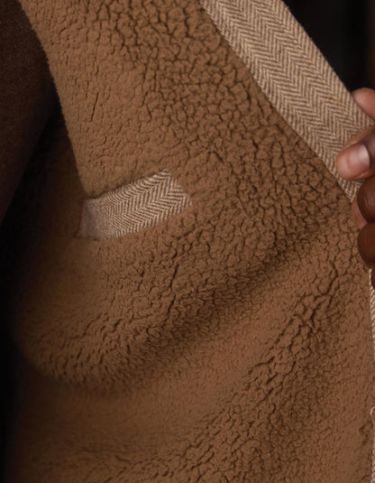 Herringbone Sherpa Lined Jacket in Taupe Herringbone