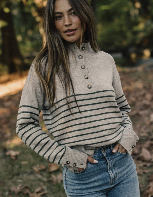 Marianna Button Popover Sweater in Oat/Olive Stripe