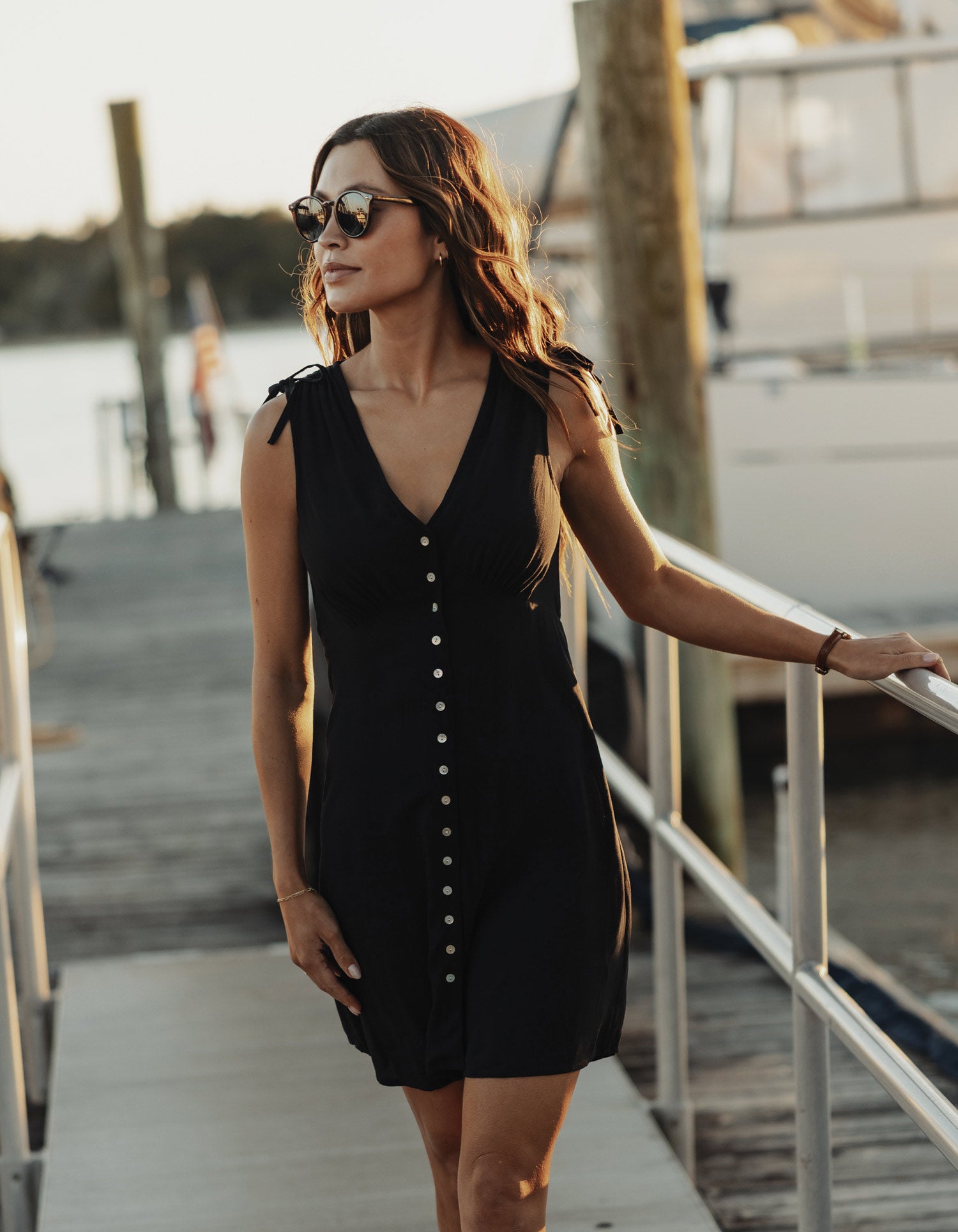 Aria Crepe Camille Button Thru Mini Dress in Black XS