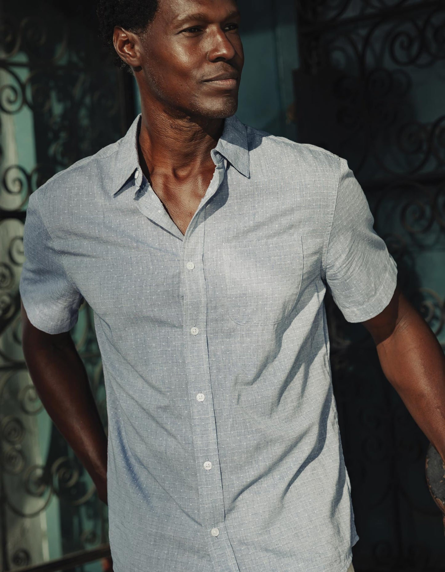 Freshwater Short Sleeve Button Up Shirt in Blue Dobby