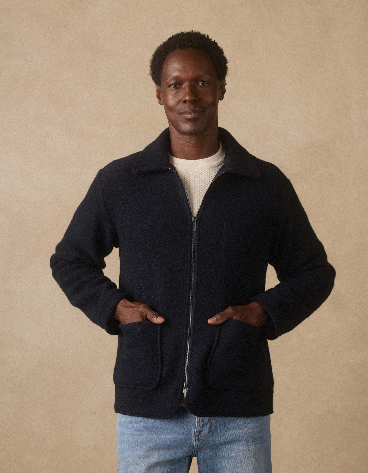 Brushed Knit Boucle Jacket in Navy