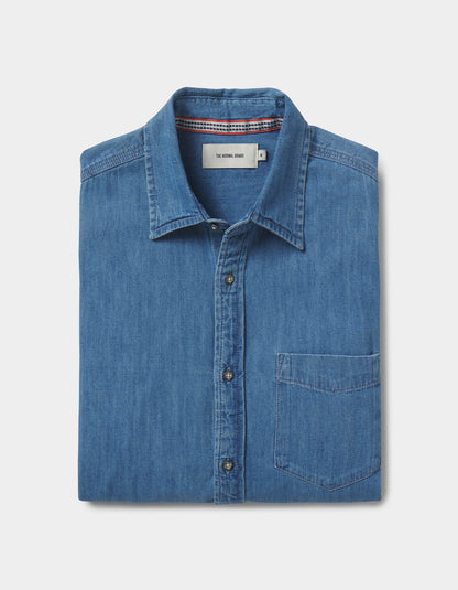 Cotton Denim Long Sleeve Button Up in Medium Wash