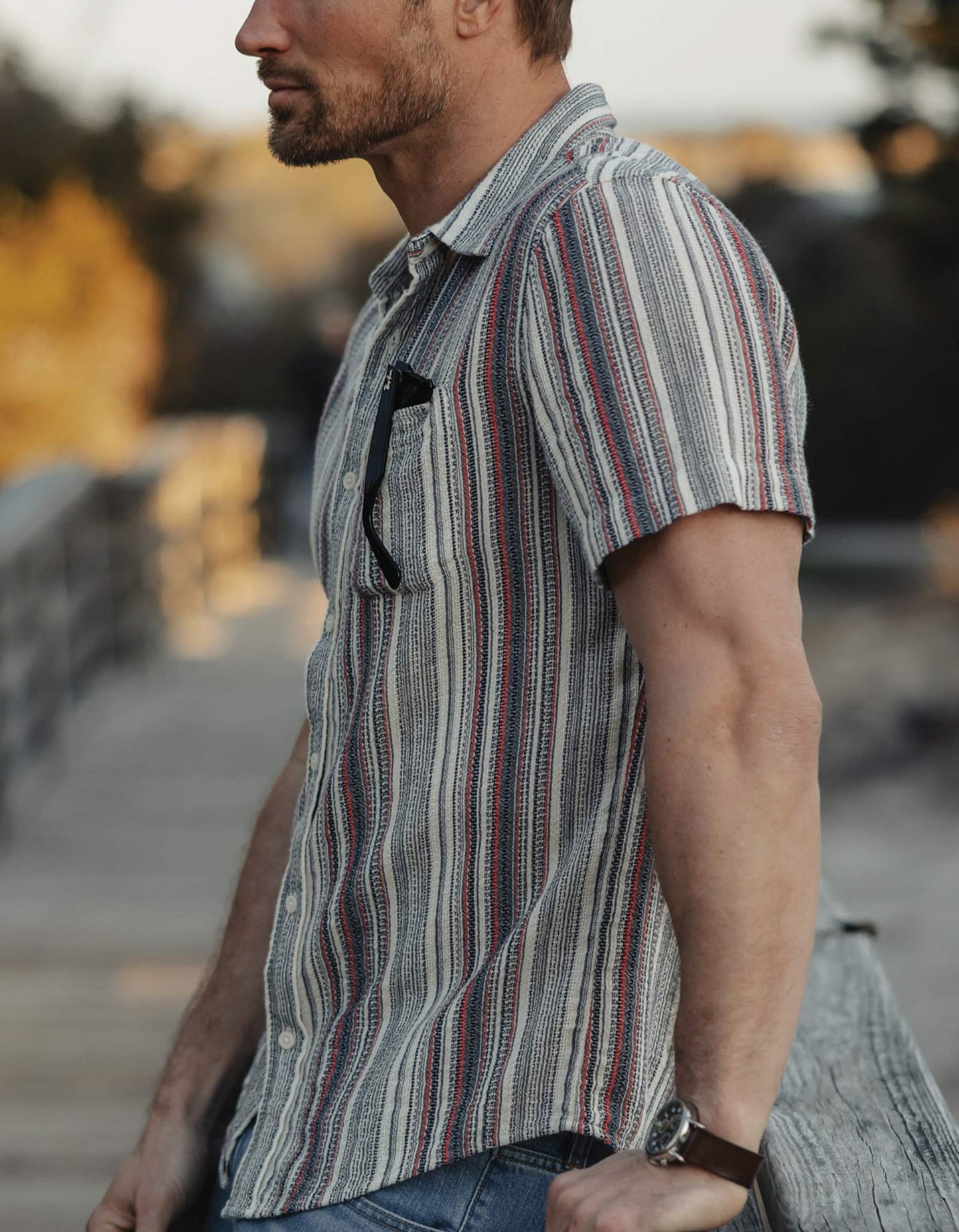 Freshwater Short Sleeve Button Up Shirt in Americana Stripe