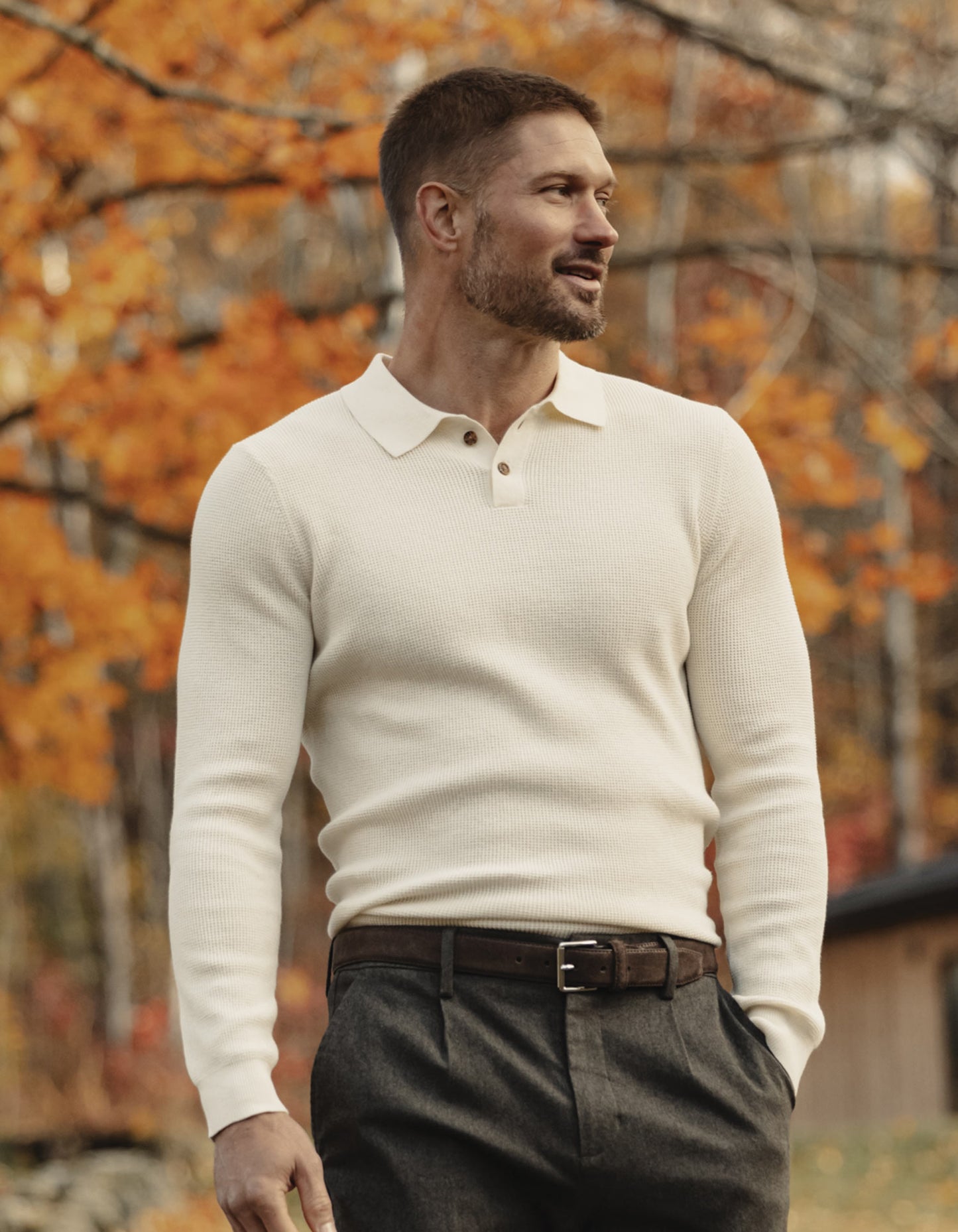 Robles Knit Waffle Stitch Polo in Cream