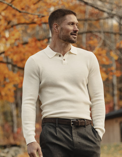 Robles Knit Waffle Stitch Polo in Cream