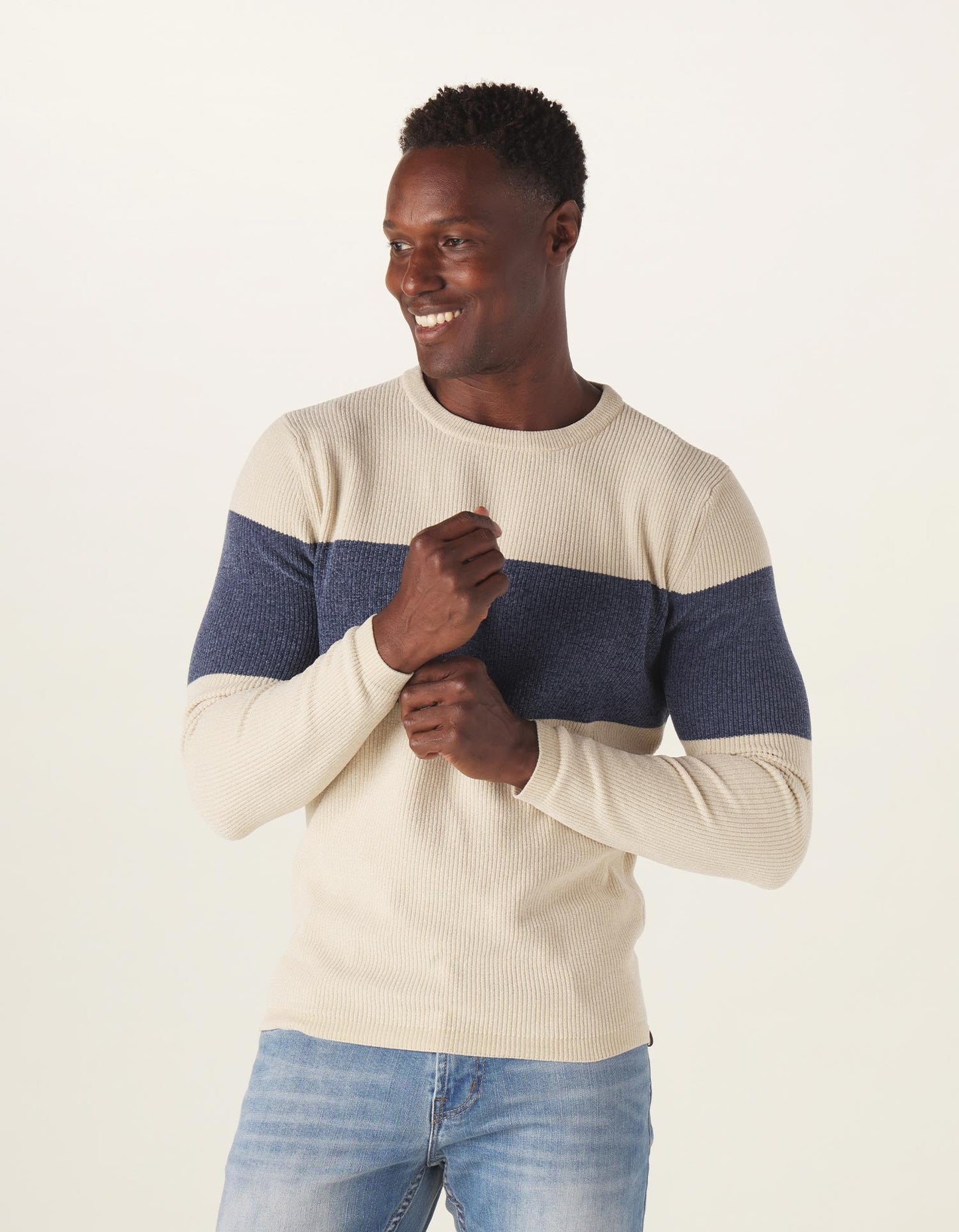 Chenille Stripe Crew Sweater in Cream