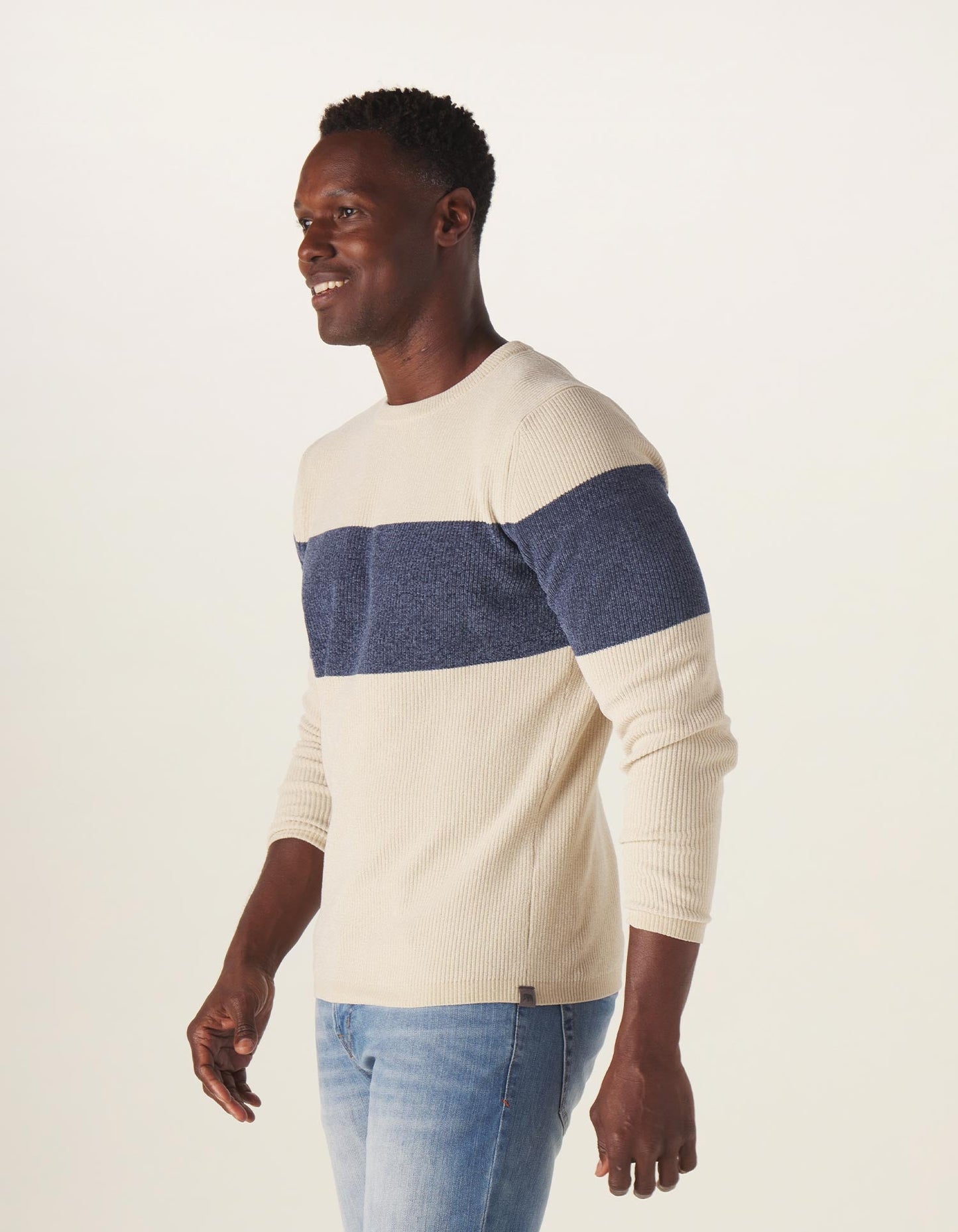 Chenille Stripe Crew Sweater in Cream