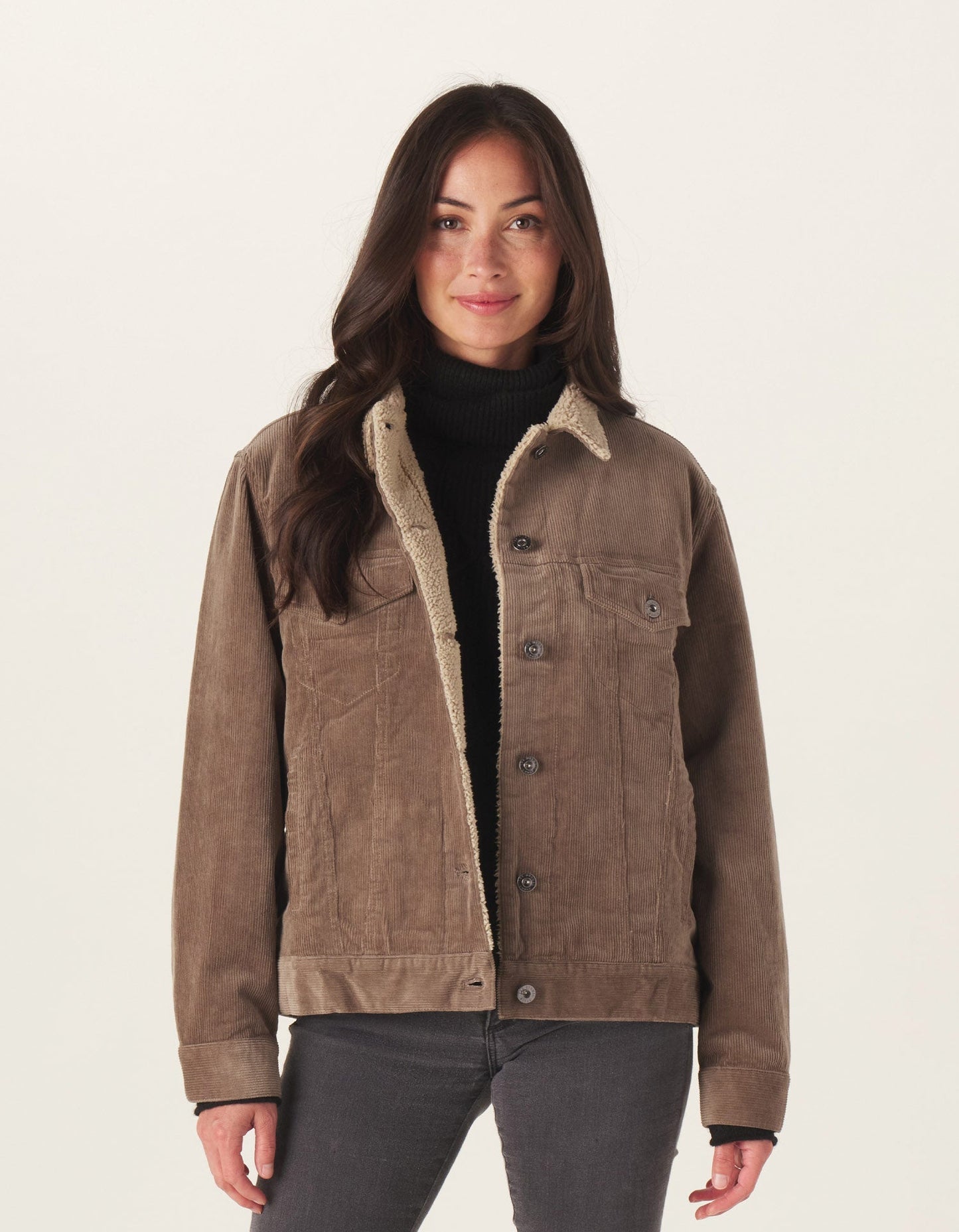 Sherpa Collar Cord Trucker in Taupe