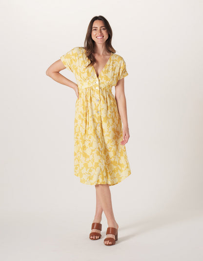 Ezra Crepe Deep V Button Thru Dress in Cliff Rose Print