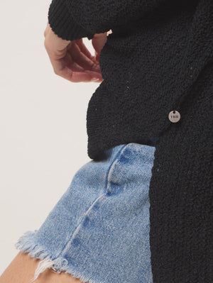 Roadtrip V Neck Sweater in Black On Model Side Detail