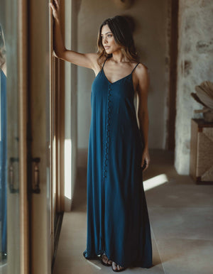 Button Front Maxi Dress in Dark Oasis On Model inside