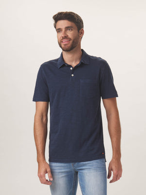 Vintage Slub Polo in Navy On Model from Front