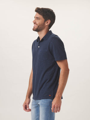 Vintage Slub Polo in Navy On Model from Side