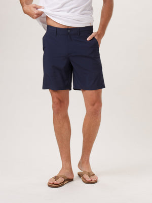 Hybrid Shorts in Navy On Model from Front