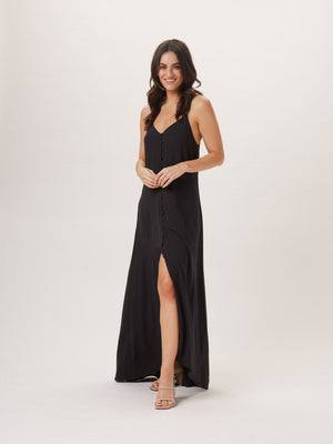 Button Front Maxi Dress in Black On Model from Front