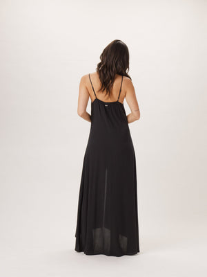 Button Front Maxi Dress in Black On Model from Back