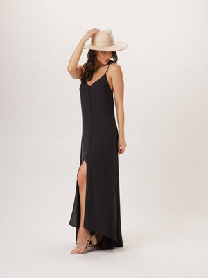 Button Front Maxi Dress in Black On Model from Side