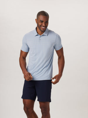 Fore Stripe Performance Polo in Blue Fog On Model from Front