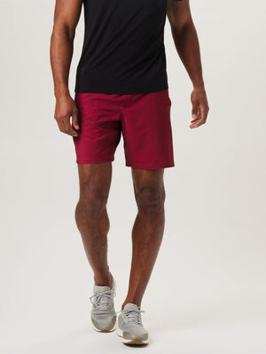 7 Bros Workout Short in Oxblood On Model from Front with shirt